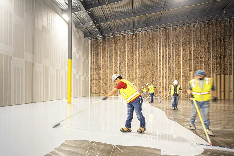 Commercial painting in Abilene: crew in hard hats and safety vests coating a warehouse floor