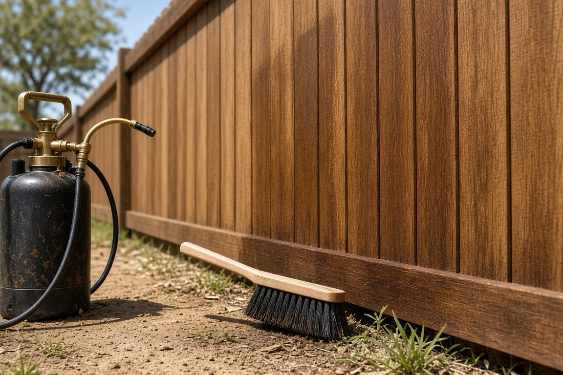 Illustration of a wood privacy fence being stained brown