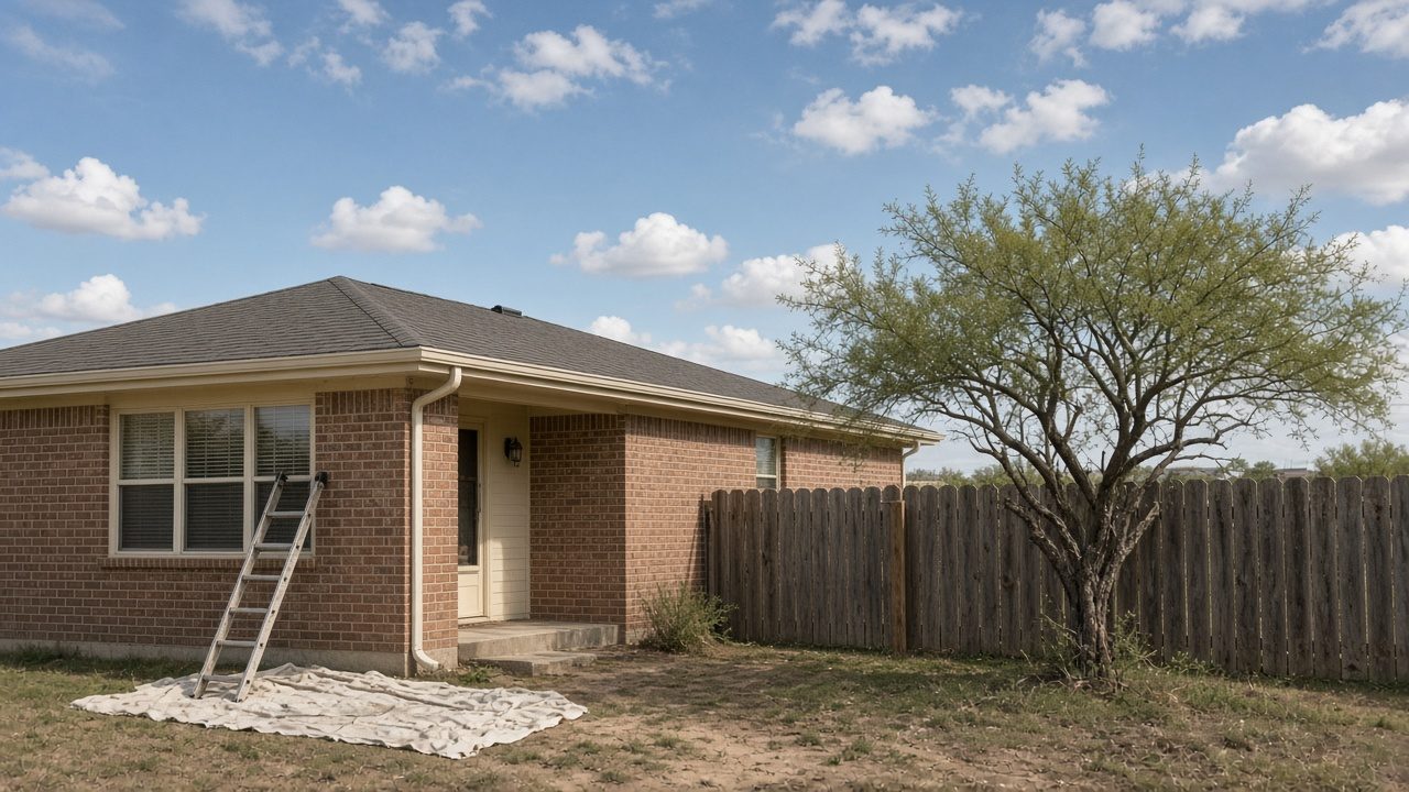 Illustration of a single-storey brick ranch house with freshly painted cream trim