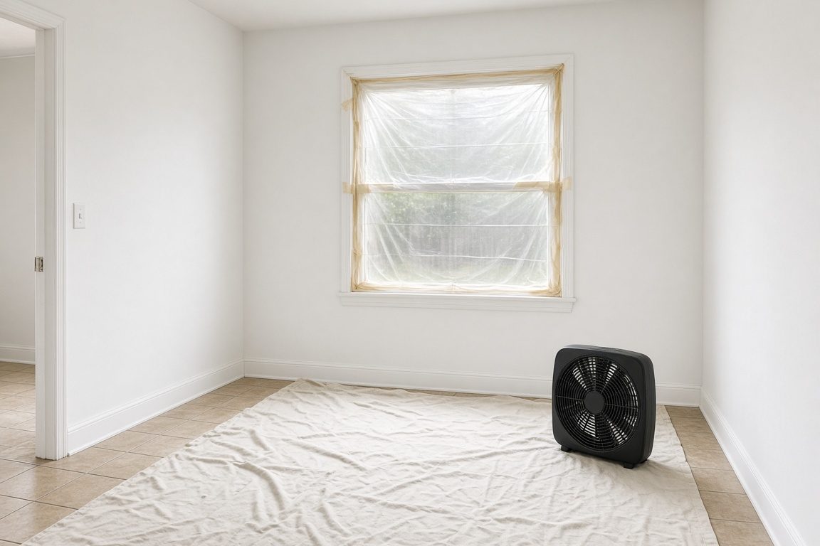 Illustration of an empty 1970s room with freshly painted white walls